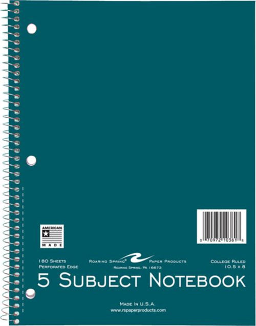 NOTEBK 10.5x8 180SH 5SUB W/B