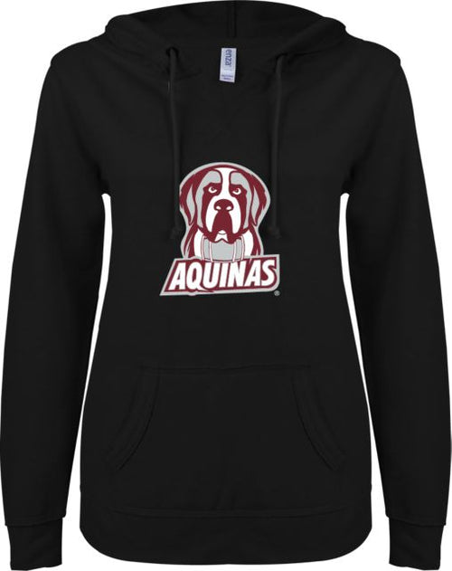 Aquinas College ENZA Womens V Notch Raw Edge Fleece Hoodie Athletic Aquinas Mascot - ONLINE ONLY